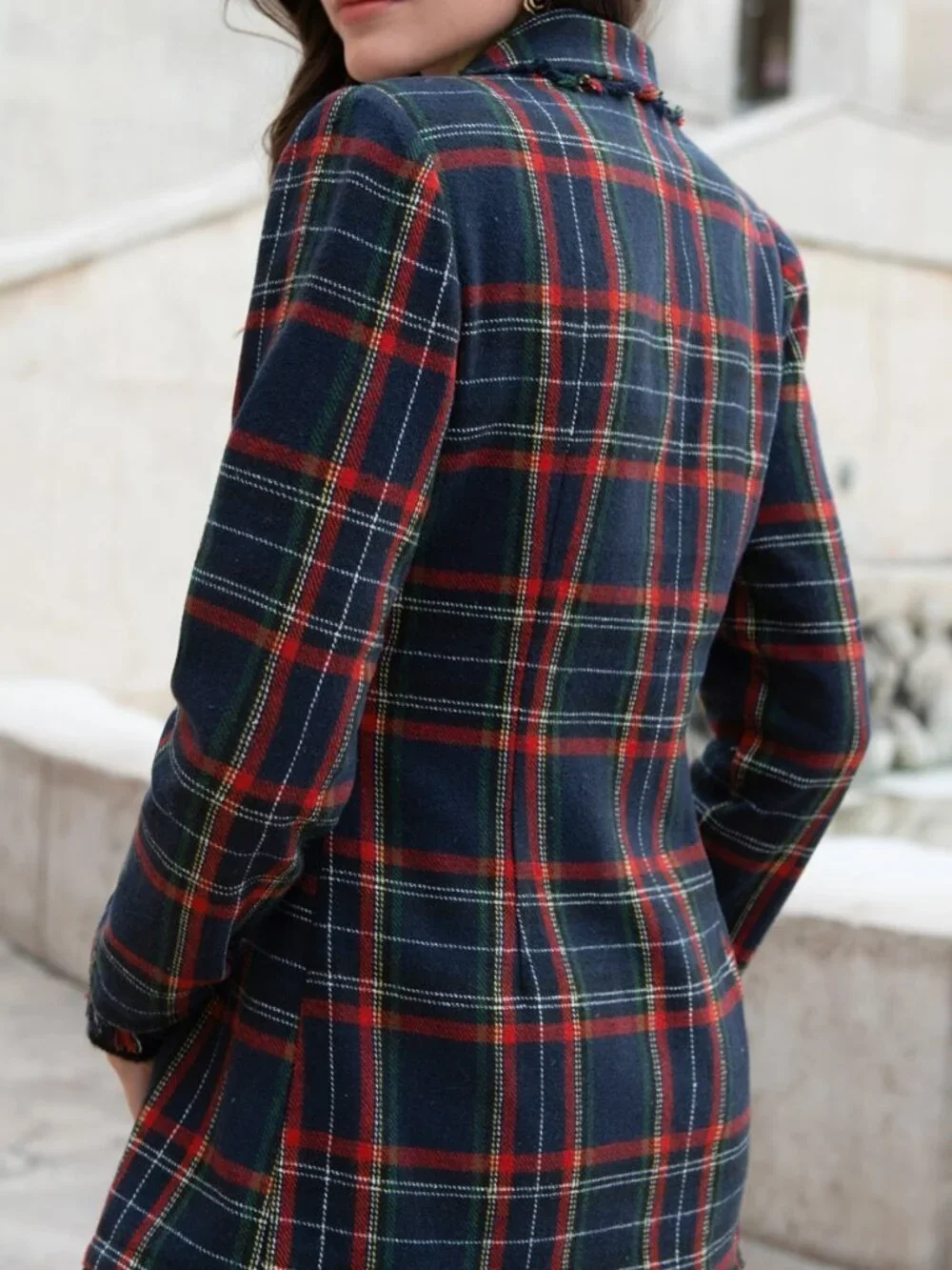 Multicolor Elegant Women's Lapel Collar Fringe Trim Tartan Blazer